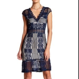 Soieblu Cap Sleeve Crochet Dress Navy & Beige -NEW